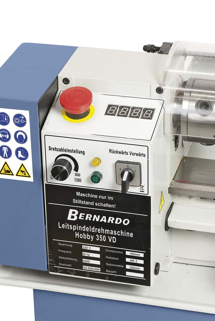 Bernardo Hobby 350 VD metal lathe – 350 mm center distance, digital display for speed + carriage, automatic feeds, 0.35 kW motor, 230V single-phase, weight 44 kg