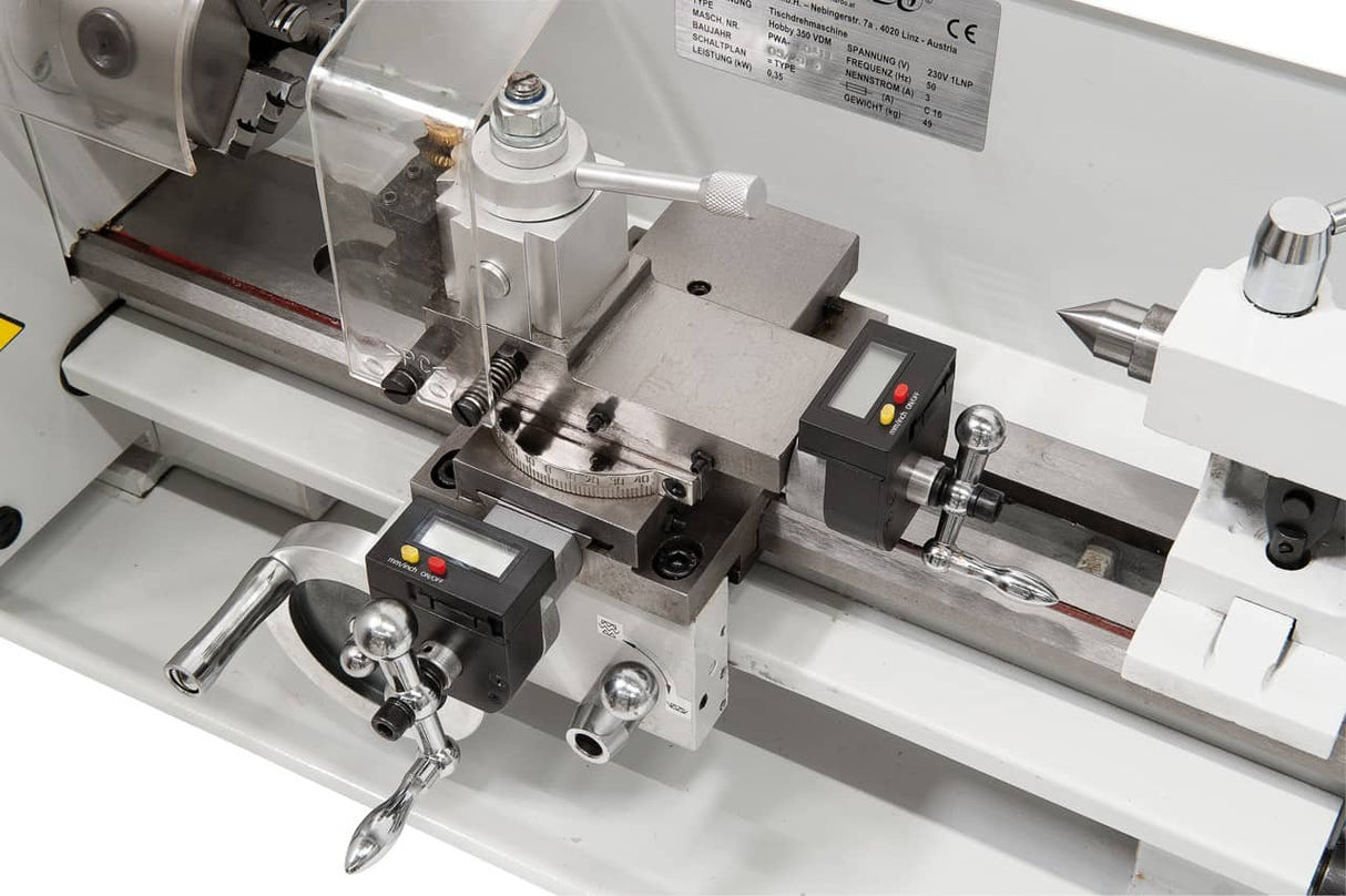 Metal Lathe Bernardo Hobby 350 VDM – center distance 350 mm, digital display for speed + compound rest, automatic feeds, 0.35 kW motor, 230V single-phase, weight 44 kg