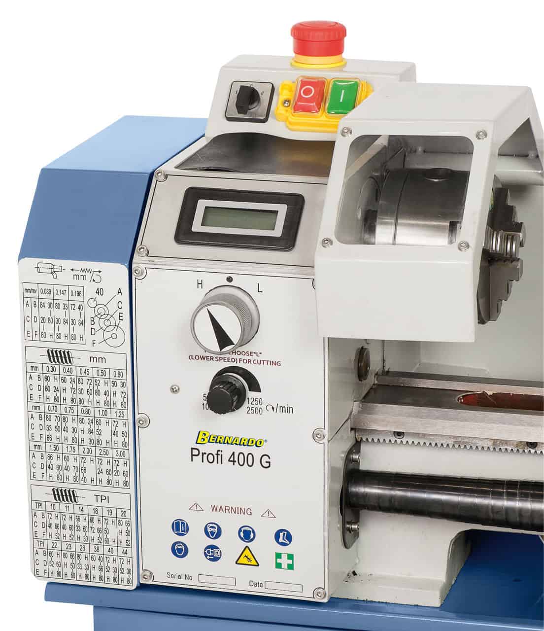 Metal Lathe Bernardo Profi 400 G – 400 mm distance between centers, 210 mm swing over bed, 21 mm spindle bore MK 3 taper, 0.6 kW 230V single-phase motor, digital speed display, 60 kg weight