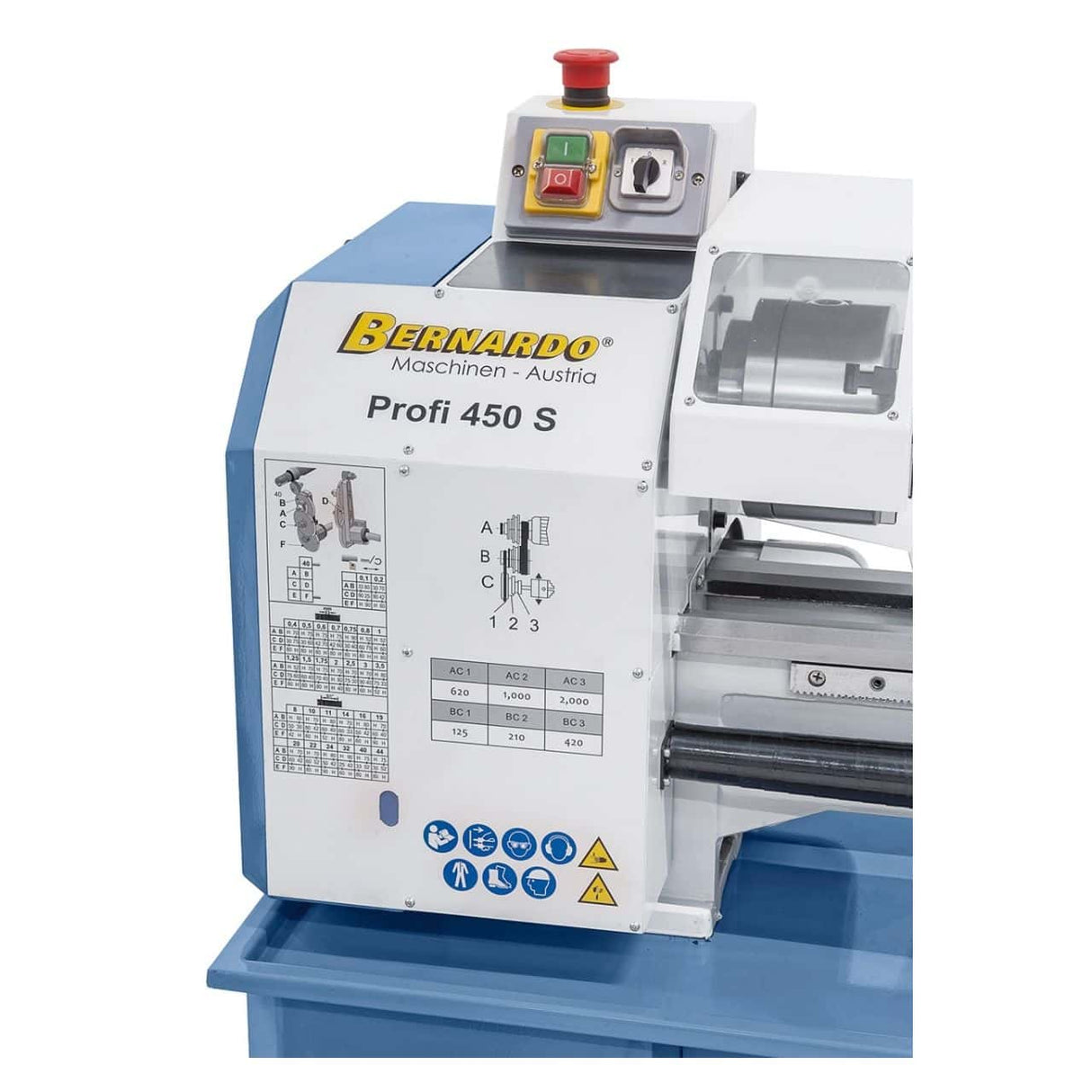 Metal Lathe Bernardo Profi 450 S – 450 mm centre distance, 230 mm swing over bed, 20 mm spindle bore MK 3 taper, 0.9 kW 230V single-phase motor, 112 kg weight