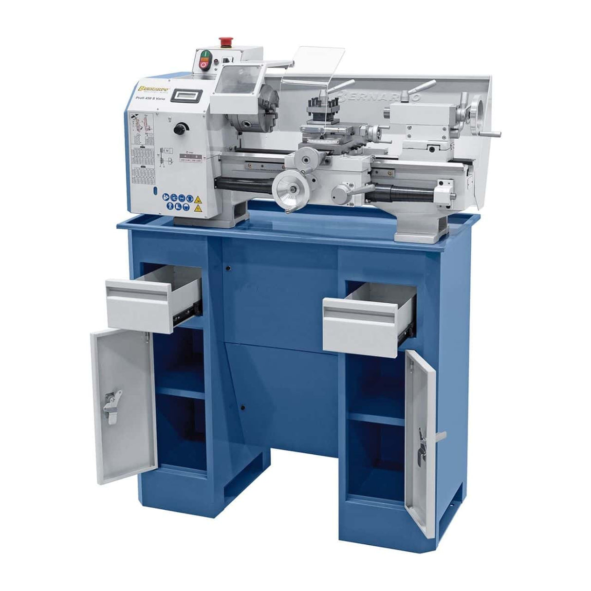 Bernardo Profi 450 S Vario metal lathe – center distance 450 mm, Ø 230 mm swing over bed, spindle bore Ø 20 mm MK 3 taper, 0.9 kW 230V single-phase motor, digital speed display, weight 112 kg