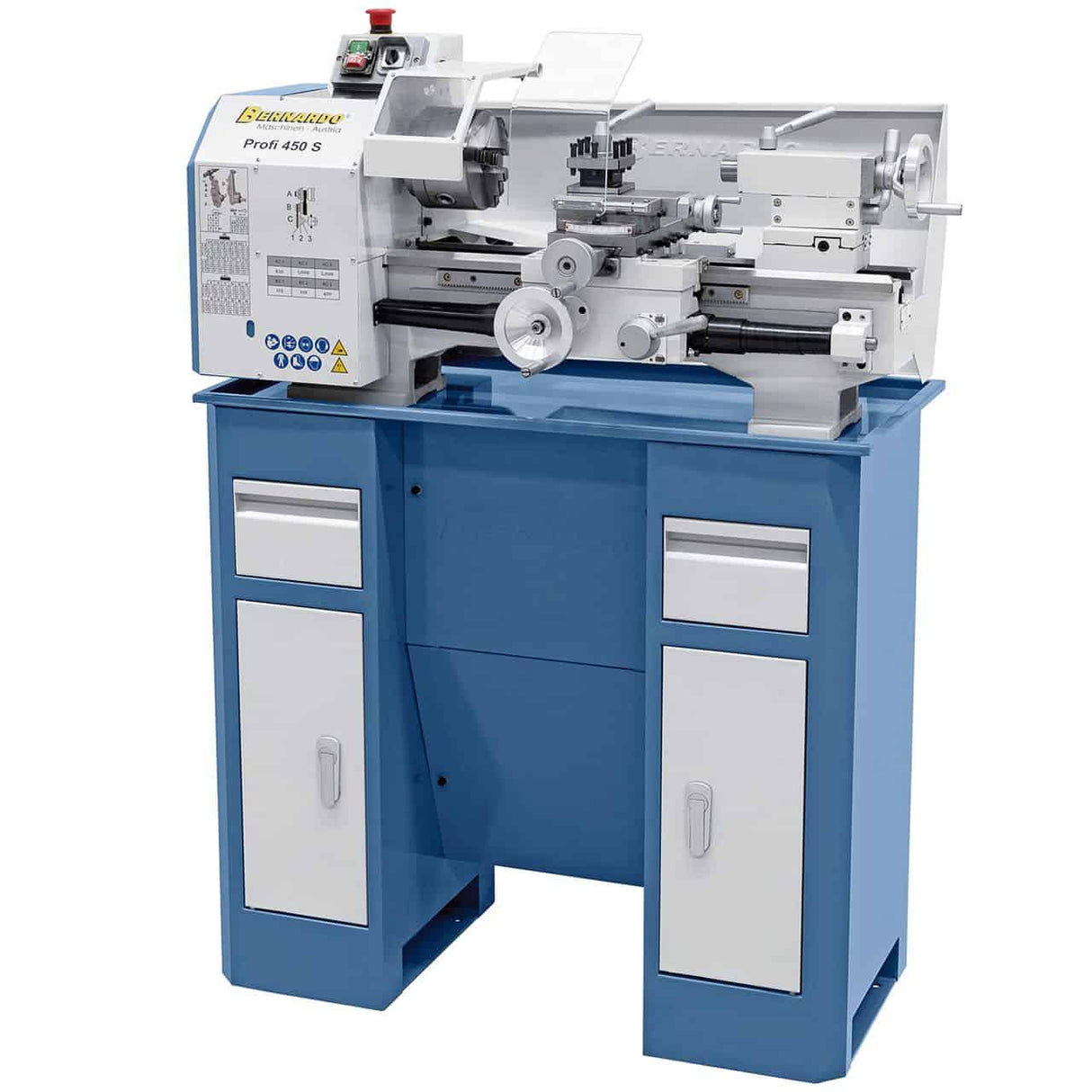Metal Lathe Bernardo Profi 450 S – 450 mm centre distance, 230 mm swing over bed, 20 mm spindle bore MK 3 taper, 0.9 kW 230V single-phase motor, 112 kg weight