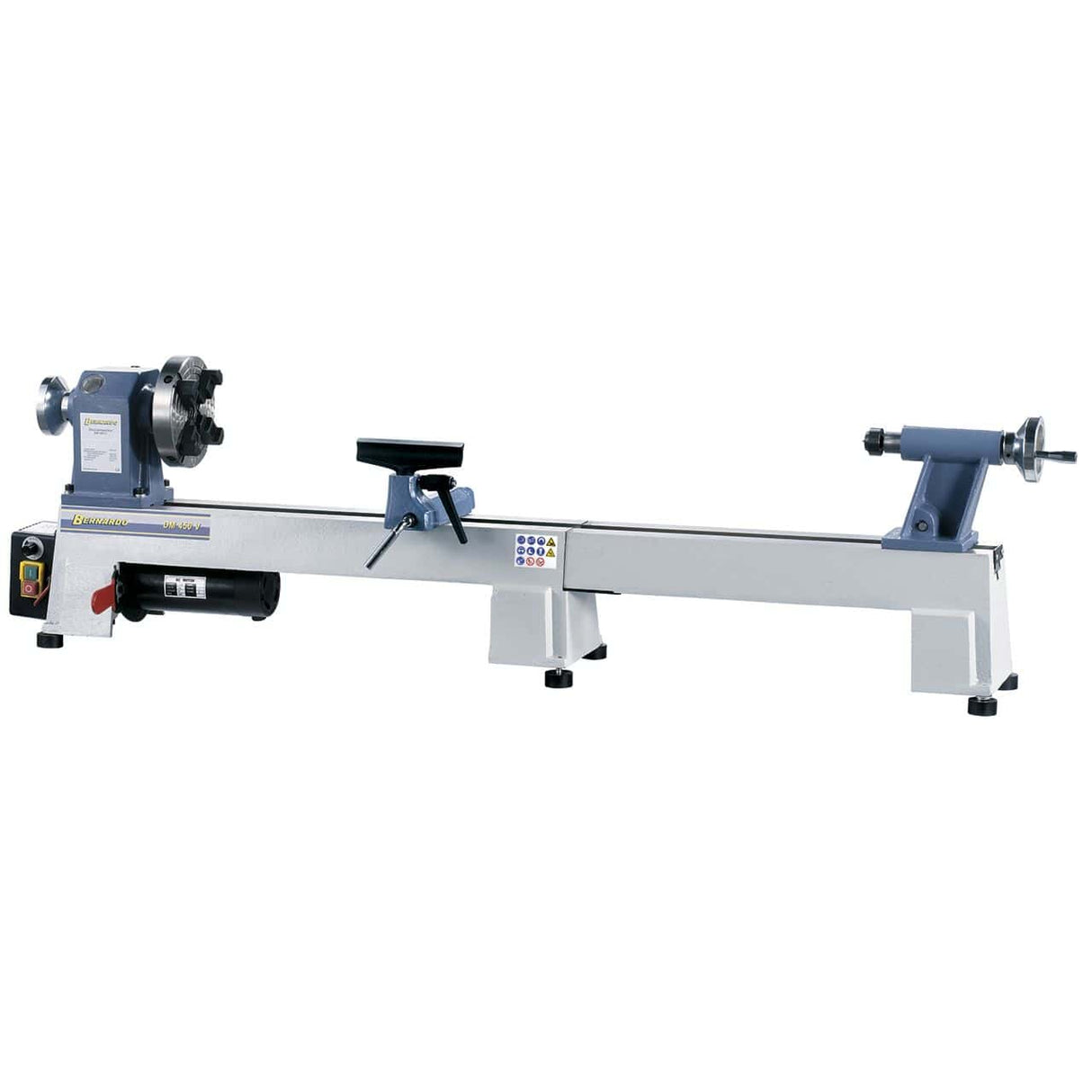 Bernardo DM 450 V wood lathe – 420 mm distance between centers (up to 980 mm with extension), 260 mm swing over bed, M33 × 3.5 spindle, 0.37 kW 230V single-phase motor, 34 kg weight