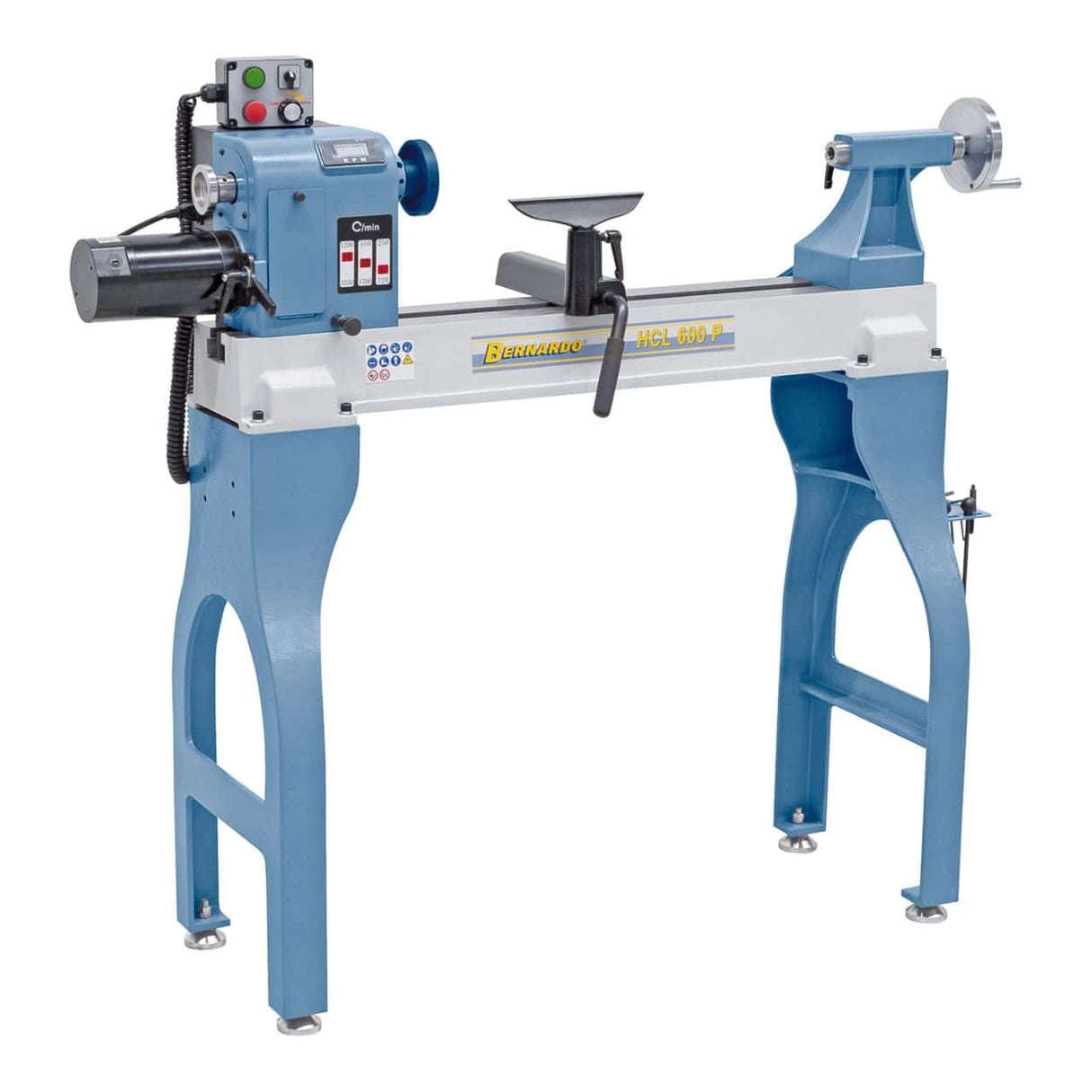 Bernardo HCL 600 P wood lathe - 600 mm distance between centers (up to 1180 mm with extension), 370 mm swing over bed, M33 × 3.5 spindle, 0.75 kW 230V single-phase motor, LED display, 125 kg weight
