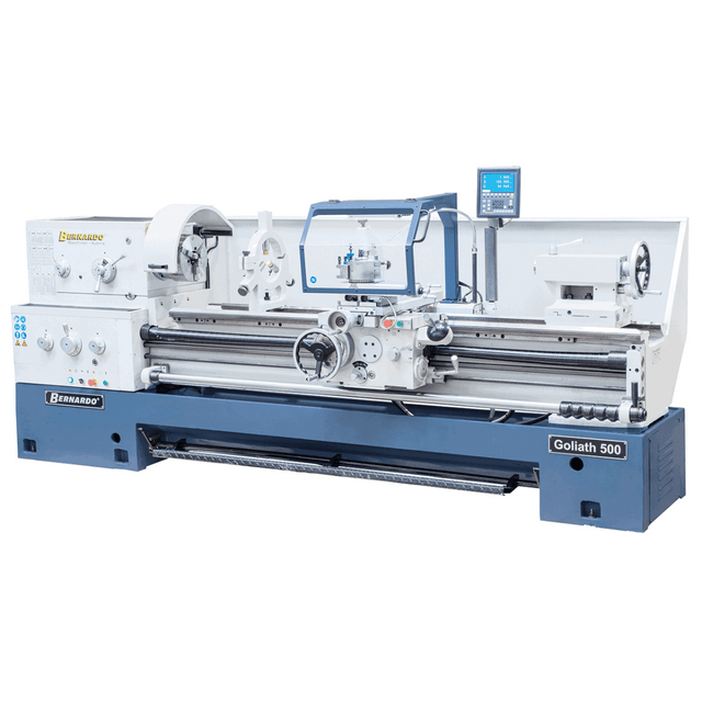Tornio parallelo Bernardo Goliath 500 x 1500 per lavorazioni pesanti, con mandrino Ø 250 mm, lunette e visualizzatore digitale a 3 assi.