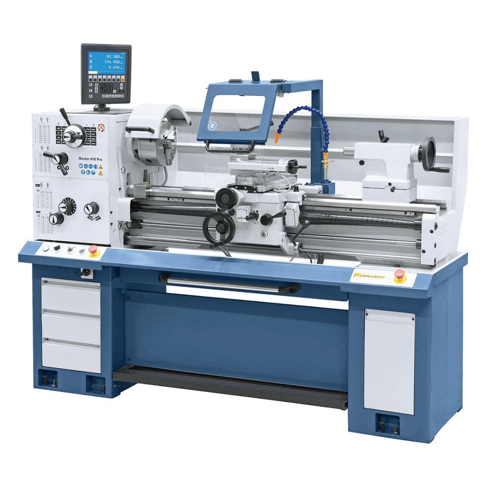Tornio parallelo Bernardo Master 410 Pro con distanza tra le punte 1000 mm, foro mandrino 52 mm e accessori completi inclusi.