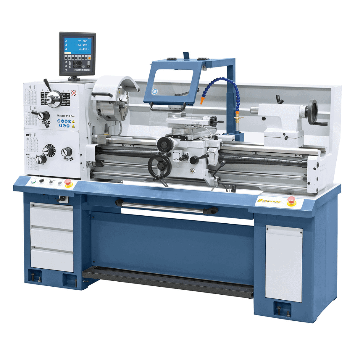 Tornio parallelo Bernardo Master 410 Pro con distanza tra le punte 1000 mm, foro mandrino 52 mm e accessori completi inclusi.