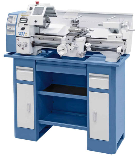 Tornio Bernardo Profi 550 Top con mandrino a 3 griffe da 125 mm, convertitore di frequenza e avanzamenti automatici, ideale per officine e hobbisti.