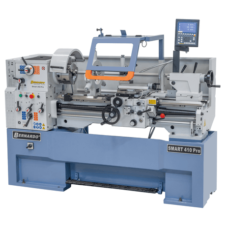 Tornio Bernardo Smart 410 x 1500 Pro, mandrino Ø 200 mm, DRO 3 assi ES-12 V e motore 4,5 kW, ideale per lavorazioni professionali.