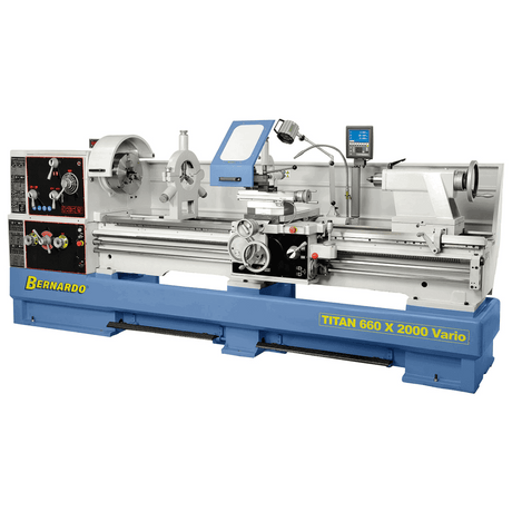 Tornio parallelo pesante Bernardo TITAN 800 x 2000 Vario con foro mandrino 105 mm, inverter e accessori completi.