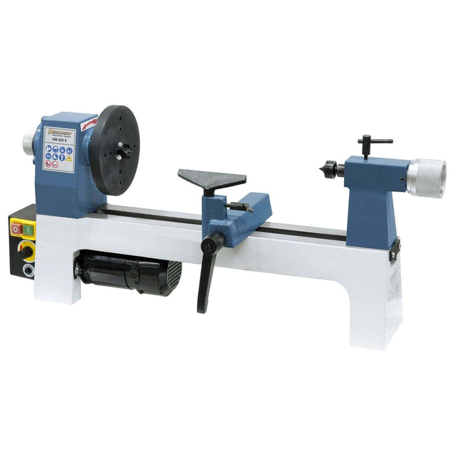 Tornio per legno DM 305 V con struttura in ghisa, regolazione elettronica continua e accessori inclusi per lavorazioni precise e fluide.