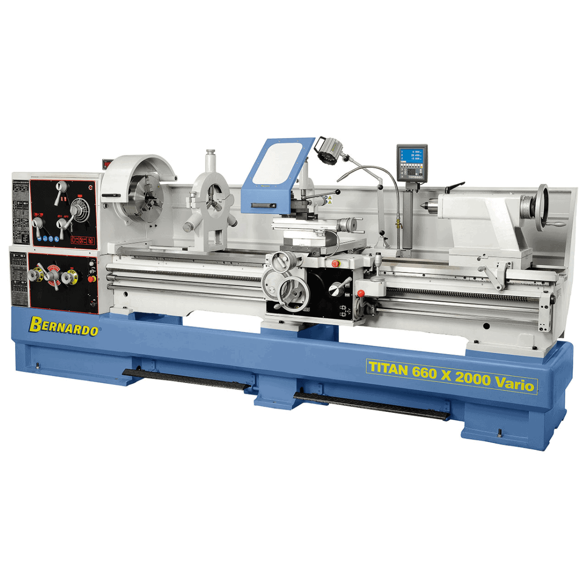 Tornio Bernardo TITAN 660 x 1500 Vario con distanza tra le punte 1500 mm, foro mandrino 105 mm e motore 7,5 kW, completo di mandrino 315 mm e visualizzatore digitale.