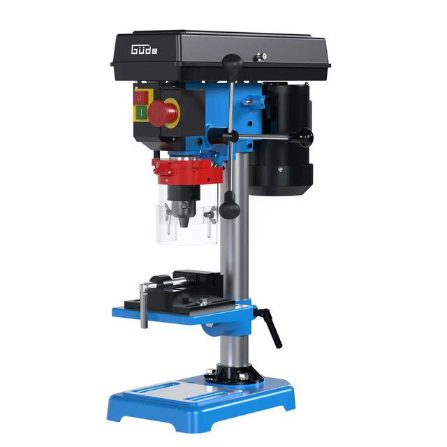 Trapano a colonna Guede GTB 16/550 LASER con guida laser, 5 velocità e piano inclinabile, ideale per forature accurate in officina e laboratorio.