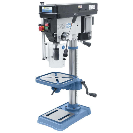 Trapano a colonna Bernardo TB 20 T con mandrino autoserrante e tavola inclinabile, ideale per forature precise fino a 20 mm.
