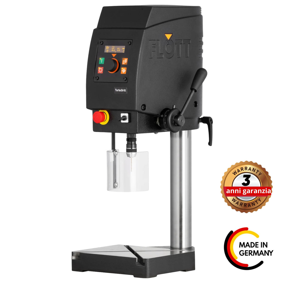 Trapano da banco Flott Turbo Drill 230 V con motore a frequenza controllata, display OLED digitale e illuminazione LED per forature ad alta precisione fino a 10.000 giri/min.
