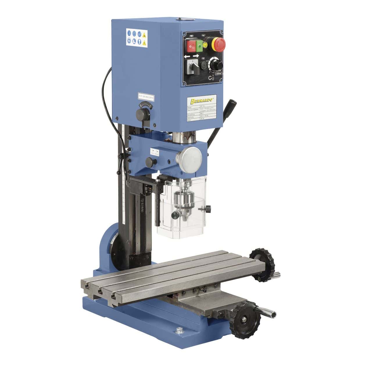 Il Bernardo KF 10 L, trapano e fresatrice combinati con testa inclinabile, tavola a croce regolabile e struttura robusta, progettato per piccoli laboratori e lavorazioni di precisione.