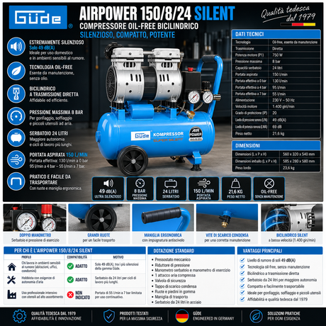 Compressore oil-free silenzioso Güde Airpower 150/8/24 SILENT, 49 dB