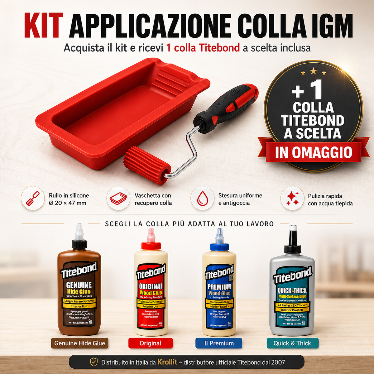 Kit rullo in silicone IGM con vaschetta e colla per legno Titebond, Krollit distributore ufficiale