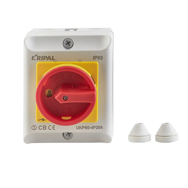 Vista dell’interruttore rotativo MS 230V da esterno con involucro plastico IP65, ideale per isolamento elettrico in ambienti industriali