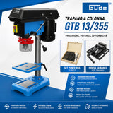 Trapano a colonna da banco Güde GTB 13/355 con morsa di serraggio e set di punte HSS, motore 350 W, mandrino autoserrante 1,5–13 mm
