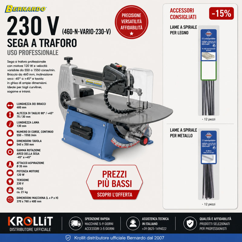 Bernardo 460 N Vario 230 V Scroll Saw Combo + 130 mm Pinned Blades for Wood (12 pcs) + 130 mm Pinned Blades for Metal (12 pcs)