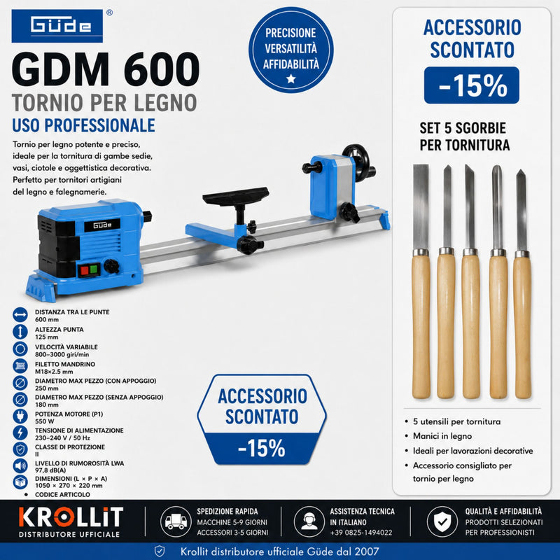 Güde GDM 600 Woodturning Lathe Combo + 5-Piece Woodturning Chisel Set