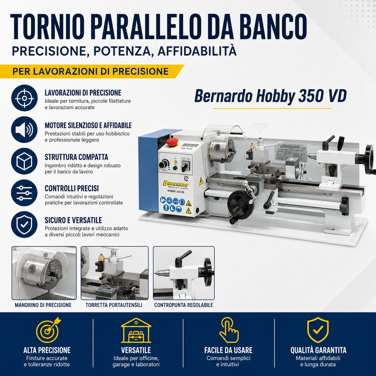 Bernardo Hobby 350 VD metal lathe – 350 mm center distance, digital display for speed + carriage, automatic feeds, 0.35 kW motor, 230V single-phase, weight 44 kg