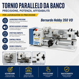 Bernardo Hobby 350 VD metal lathe – 350 mm center distance, digital display for speed + carriage, automatic feeds, 0.35 kW motor, 230V single-phase, weight 44 kg