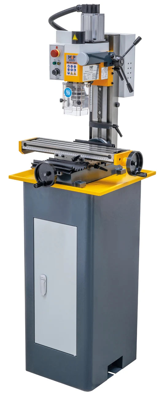 Trapano-fresatrice M4P MD 18 L Super / 230 V montata su basamento con vasca raccoglitrucioli (accessorio opzionale), vista laterale destra