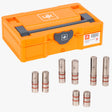 Set spine di riferimento autobloccanti da 20 mm UJK: 8 spine in acciaio inossidabile 303 in 4 sporgenze (10, 30, 40 e 60 mm) con O-ring arancioni, in contenitore Systainer Mini arancione Tanos
