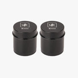 Coppia di spine di riferimento a basso profilo da 6 mm UJK in alluminio anodizzato nero, diametro 20 mm, con indicazione della misura incisa sulla sommità, per piani multifunzione con fori da 20 mm